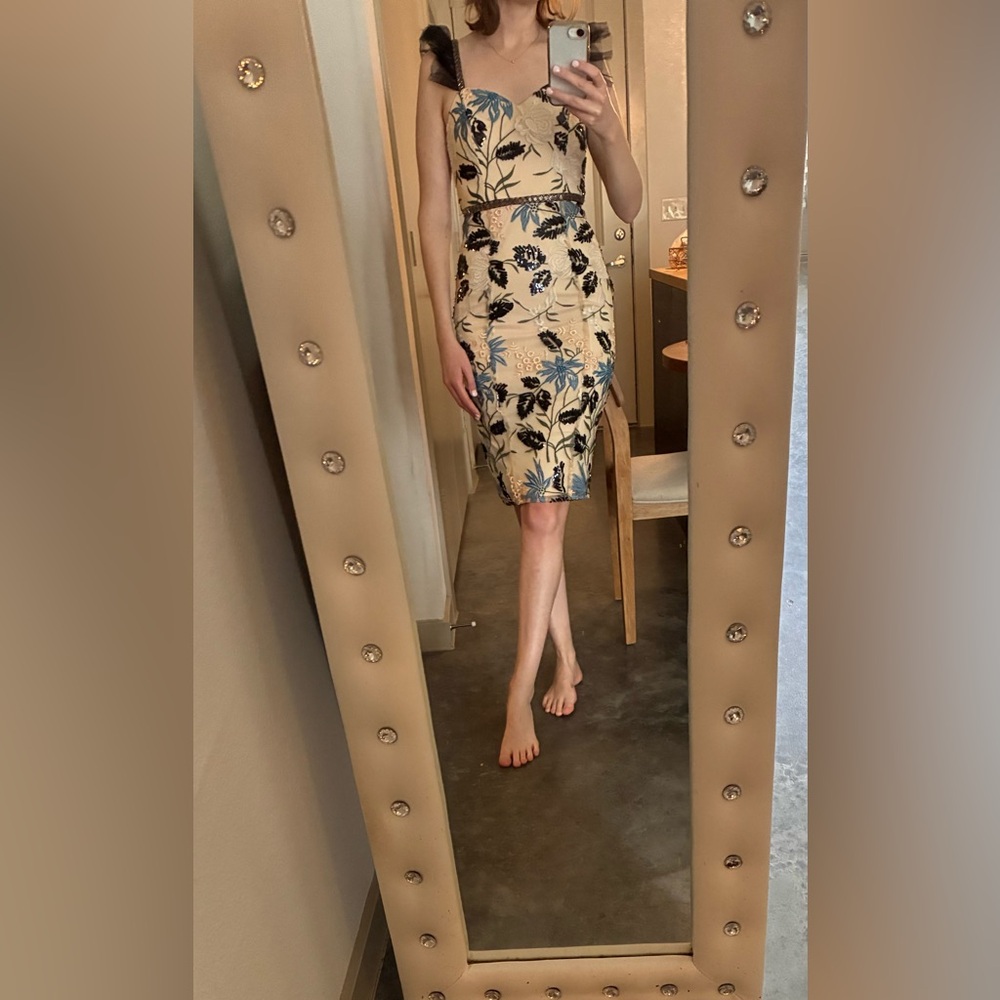 Lulu's Cream Cocktail Dress with Blue and Black Floral Embroidery